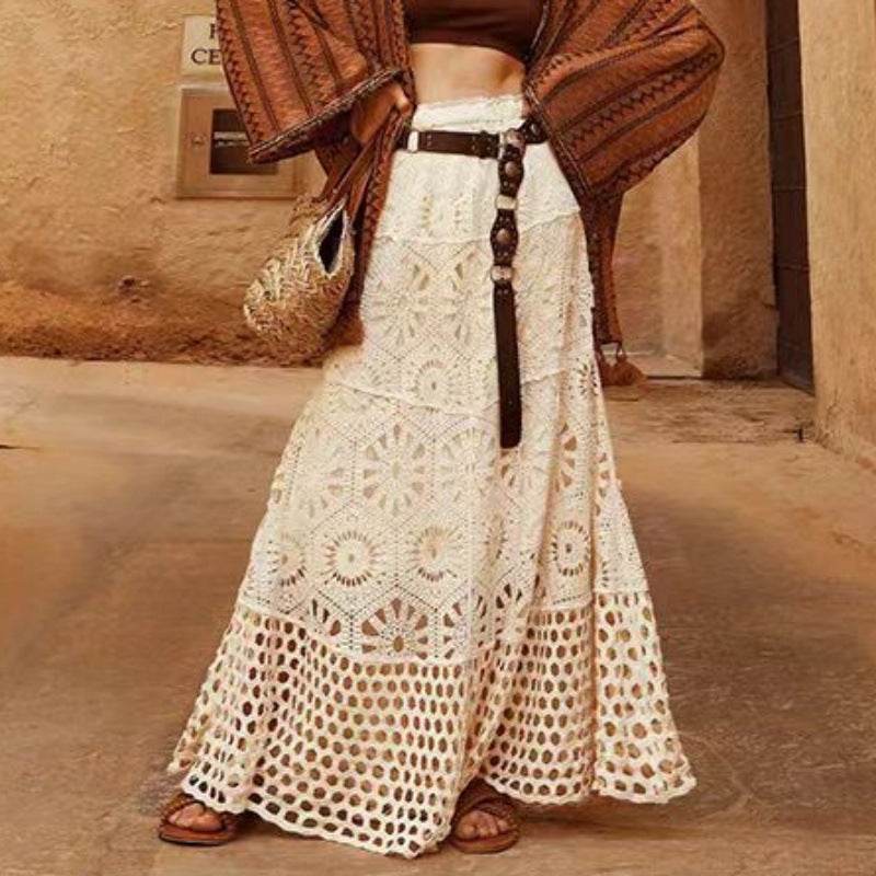 Spring Summer Crochet Lace Patchwork A- Line Beach Skirt Holiday Style Hollow-out flared flowy Maxi Skirt - EX-STOCK Canada