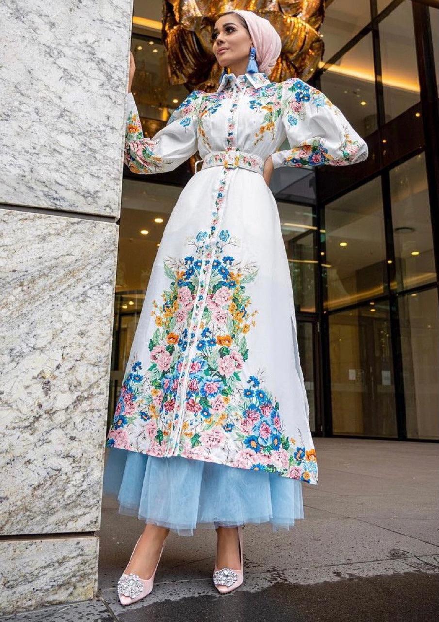 Mode Puffärmel Reversrobe Arabisches Damenkleid mit digitalem Druck, mittlerer Taille, lang EX-STOCK Canada