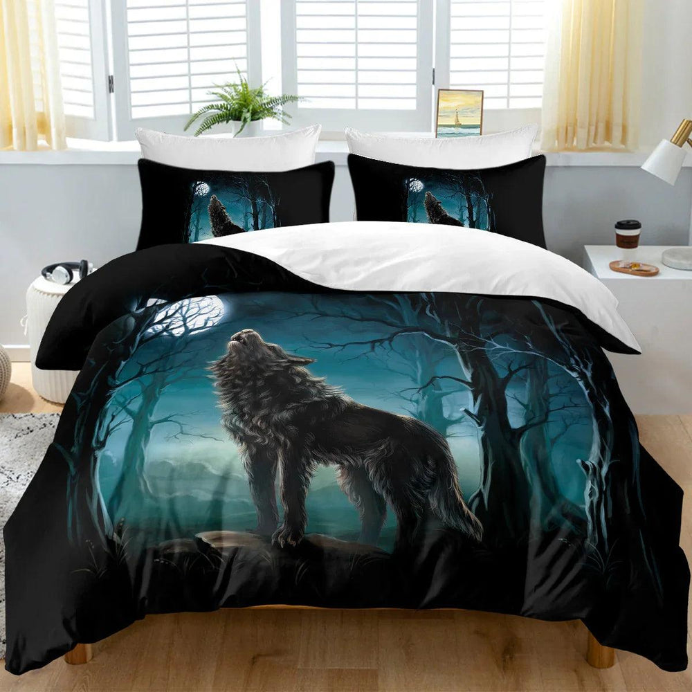 Linge de lit Moon Wolf Vert Aquarelle Forêt Paysage Loup Housse de Couette Ensemble 3 Pièces Ensemble de literie Animaux Sauvages Taille Simple Double Queen KingEX-STOCK Canada