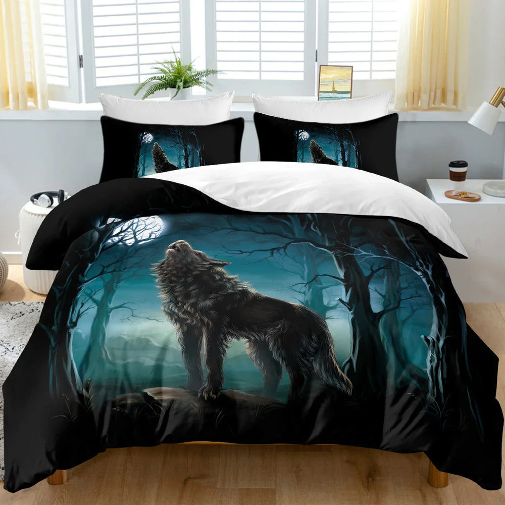 Moon Wolf Bedding Green Watercolor Forest Wolf Landscape Duvet Cover Sets 3 Pieces Wild Animal Bedding Set Twin Full Queen King Size EX-STOCK Canada