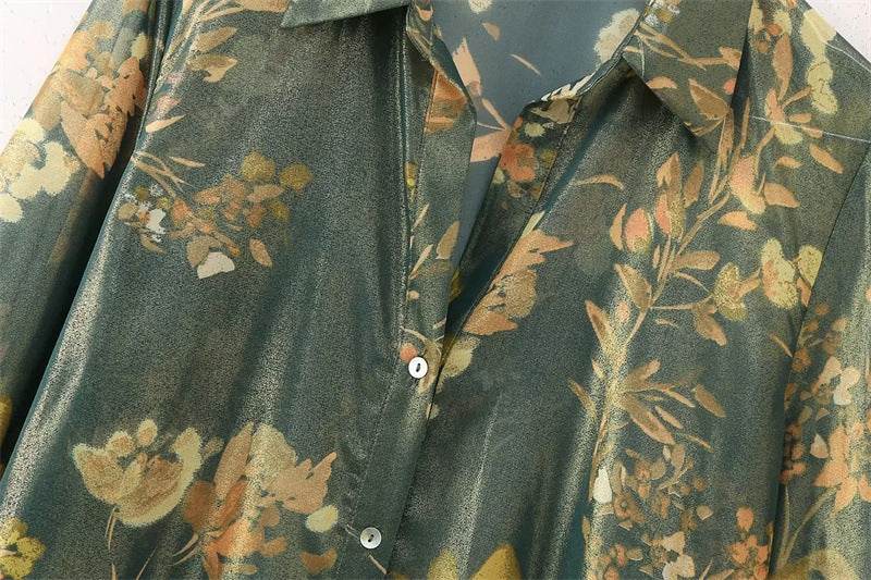 2pcs Floral Satin Skirt suit Long sleeve button shirt and Pleated Midi Skirt Outfit set - EX-STOCK Canada