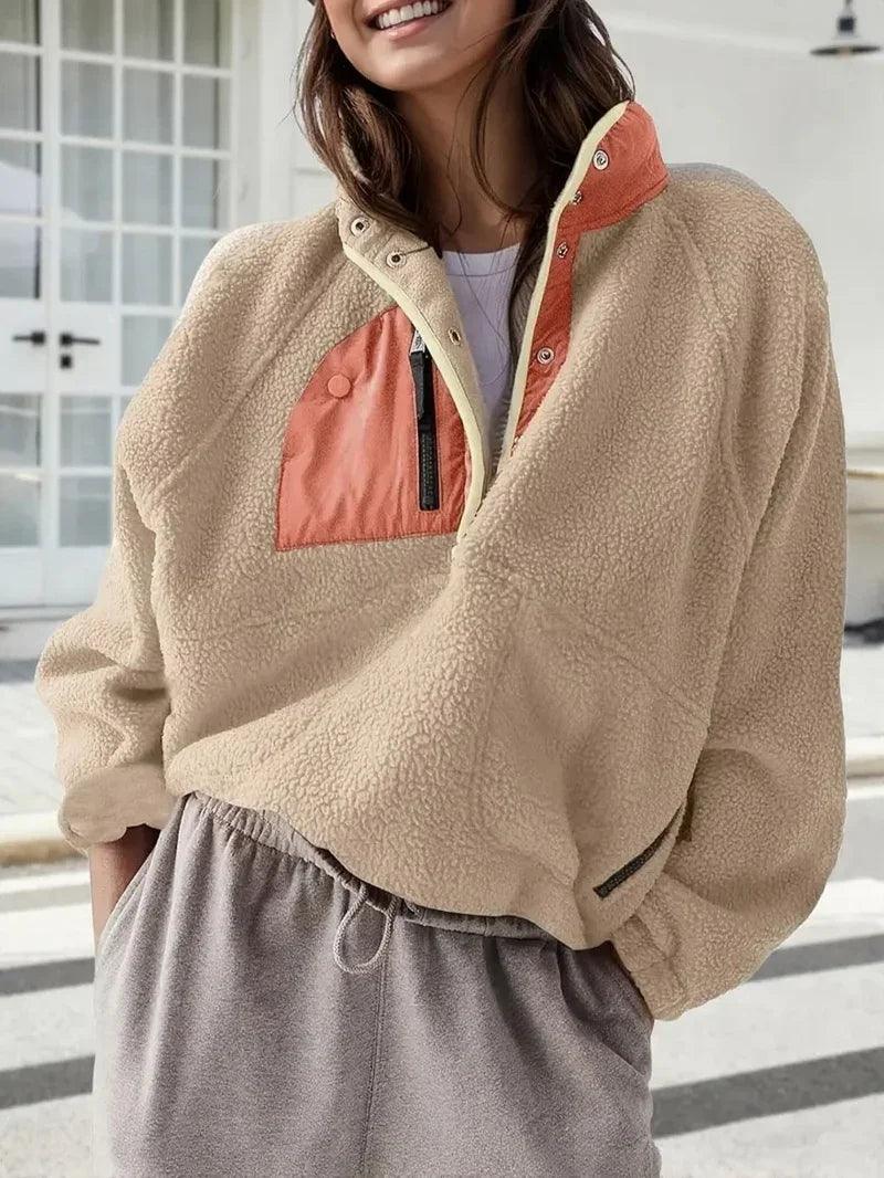Women's Fashion Sweatshirt Fleece Stand Collar Zipper Pocket Top EX-STOCK Canada