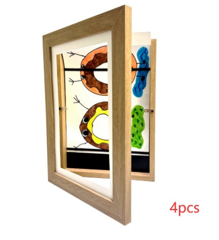 Children's Wooden Art Display Frame – Folding Front-Opening Storage, Black/White/Wood, A4/A3/8K