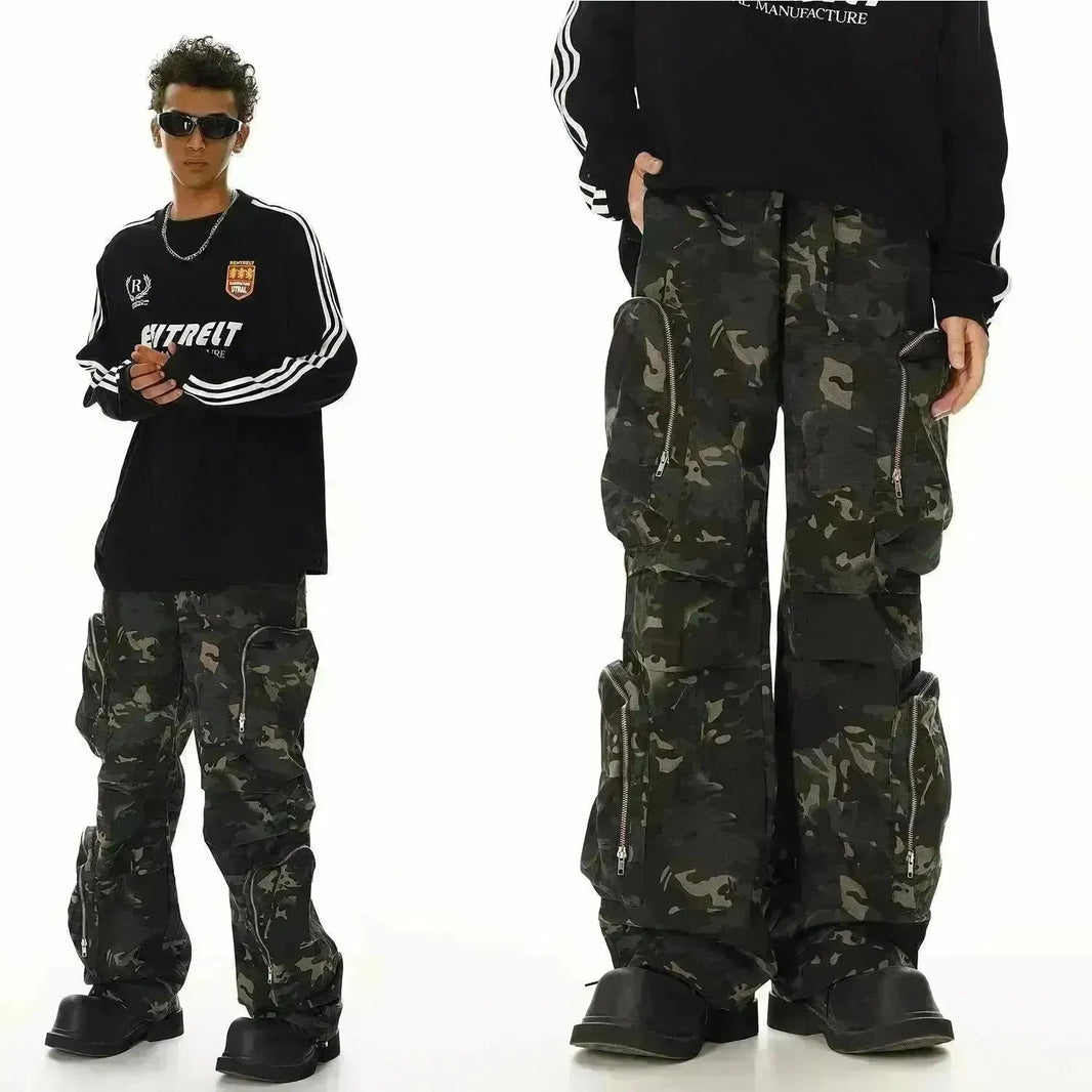 New American Jungle Camouflage Amekaji Multi-pocket Design Casual Wide-leg Workwear Cargo Trousers Pant - EX-STOCK CANADA