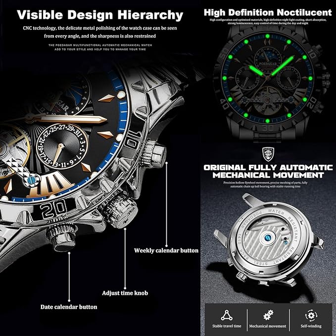 Luxury Automatic Men’s Watch – Gold Stainless Steel Skeleton Mechanical Wristwatch | EX-STOCK Canada