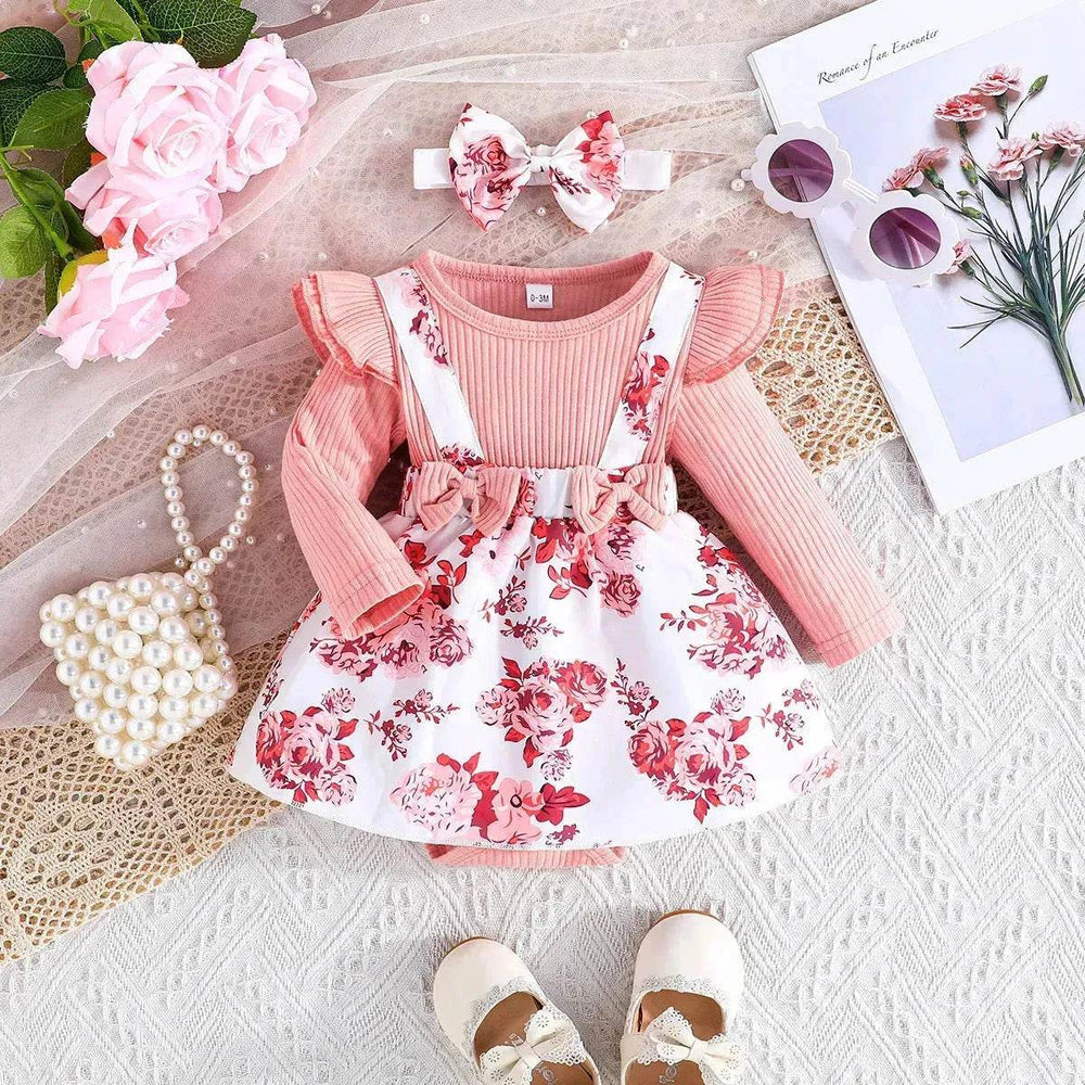 Latest Popular Sweet Long Sleeve pink Romper White Floral Suspender Skirt two piece for baby girls - EX-STOCK Canada