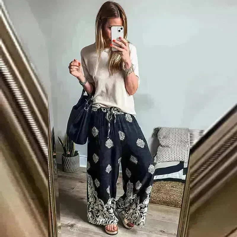 Autumn Vintage Printed Fashion Loose Drawstring High Waist Casual trouser Pants For Women - EX-STOCK CANADA