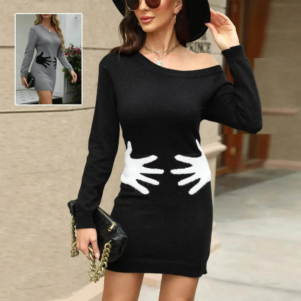 Ins Palm Print Design Winter Knit Dress Fashion Slant Shoulder Long Sleeve Bodycon Dress Women's Clothing - EX-STOCK Canada