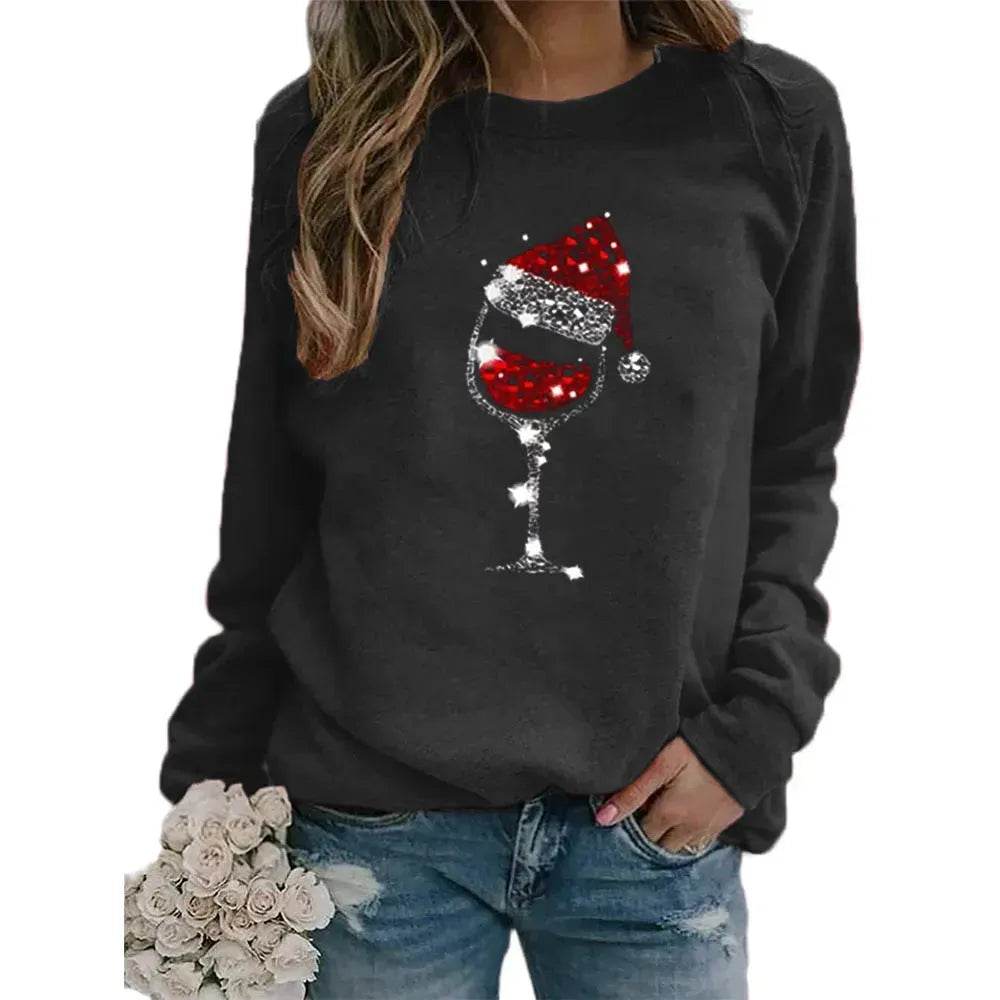 Clothing Christmas Women's Sweater Christmas Hat Red Wine Glass Graphic Print Crew Neck Long-sleeved Sweater - EX-STOCK Canada