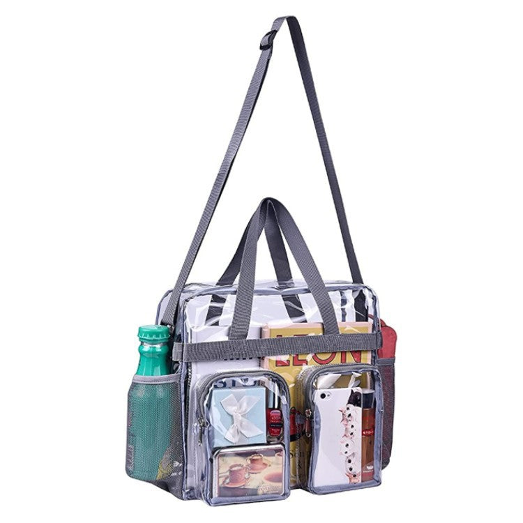 Clear multi-pocket bag with gray straps on a white background