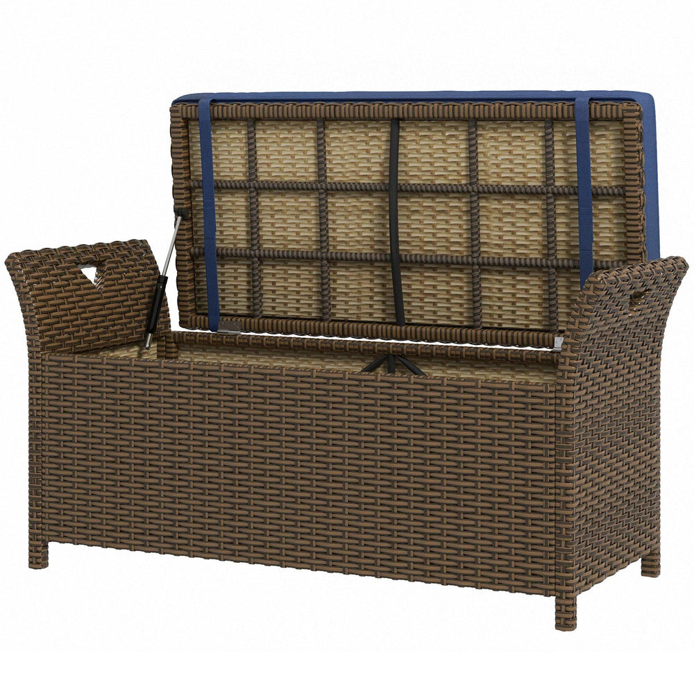 Outdoor-Patio-Rattan-Aufbewahrungsbank, 2-in-1 Rattan-Gartenmöbel, 29 Gallonen Aufbewahrungsbox mit Kissen, DunkelblauEX-STOCK Canada