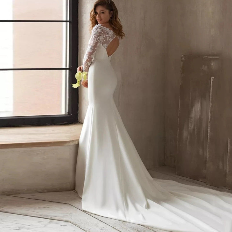 Satin Lace Long-Sleeve Wedding Dress, White & Ivory, US0