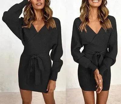 Autumn Winter Slim Fit V-neck Mini Wrap Sweater Dress - EX-STOCK Canada