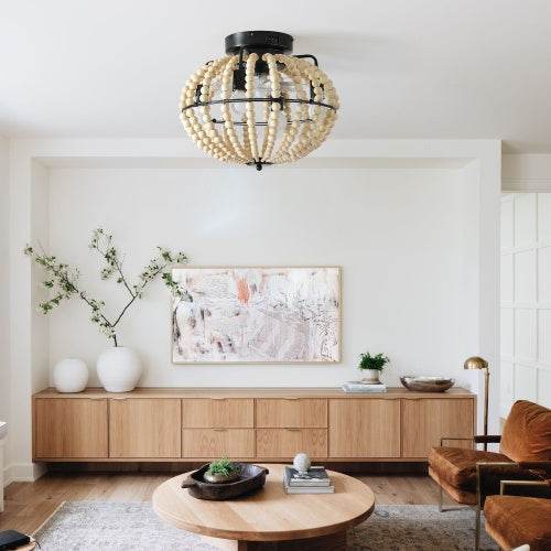 Beaded Fan Lamp Wooden Beaded Chandelier Oak White - EX-STOCK Canada