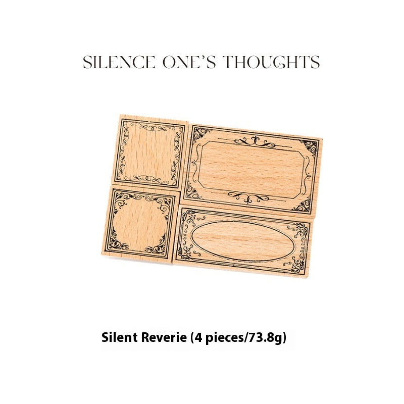 Four engraved wooden nameplate blocks with ornate borders, shown on a white background with the text 'SILENCE ONE'S THOUGHTS' above and 'Silent Reverie (4 pieces/73.8g)' below.