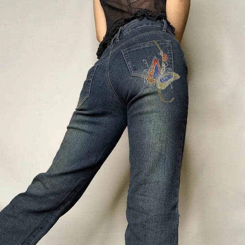 Fashion Women's Sexy High Waist Retro Individual Butterfly Print Bootcut Jeans - EX-STOCK Canada