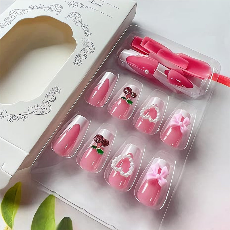 24 PCS Cherry Bow Nail Art, Long Length Long Water Pipe Fake Nails,Square Head Nail Tips False Nail EX-STOCK Canada