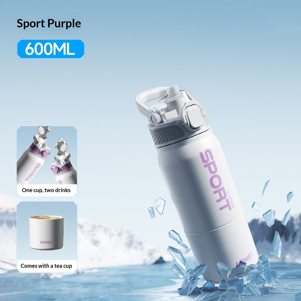 A 600ML insulated water bottle in Sport Purple, shown tilted in a snowy outdoor scene with ice shards around it. The bottle is light purple with a gray lid and purple 'SPORT' branding.