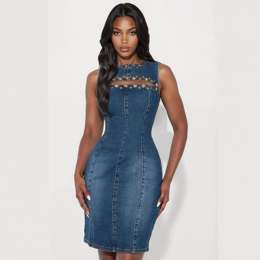 Fashionable Round-Neck Studded Denim Sleeveless Dress