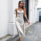 Women's Breasted Satin silk V-neck Spaghetti strap Backless Midi Dress cocktail split dress - EX-STOCK Canada