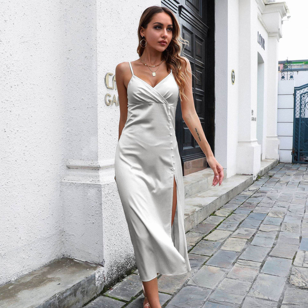Women's Breasted Satin silk V-neck Spaghetti strap Backless Midi Dress cocktail split dress - EX-STOCK Canada
