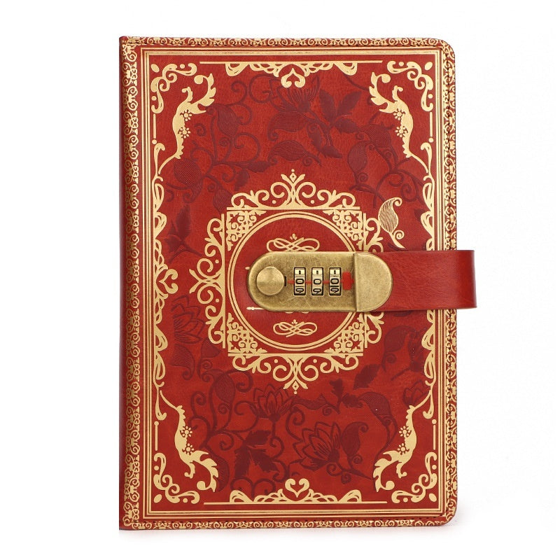 Red and gold decorative notebook with a combination lock on a white background