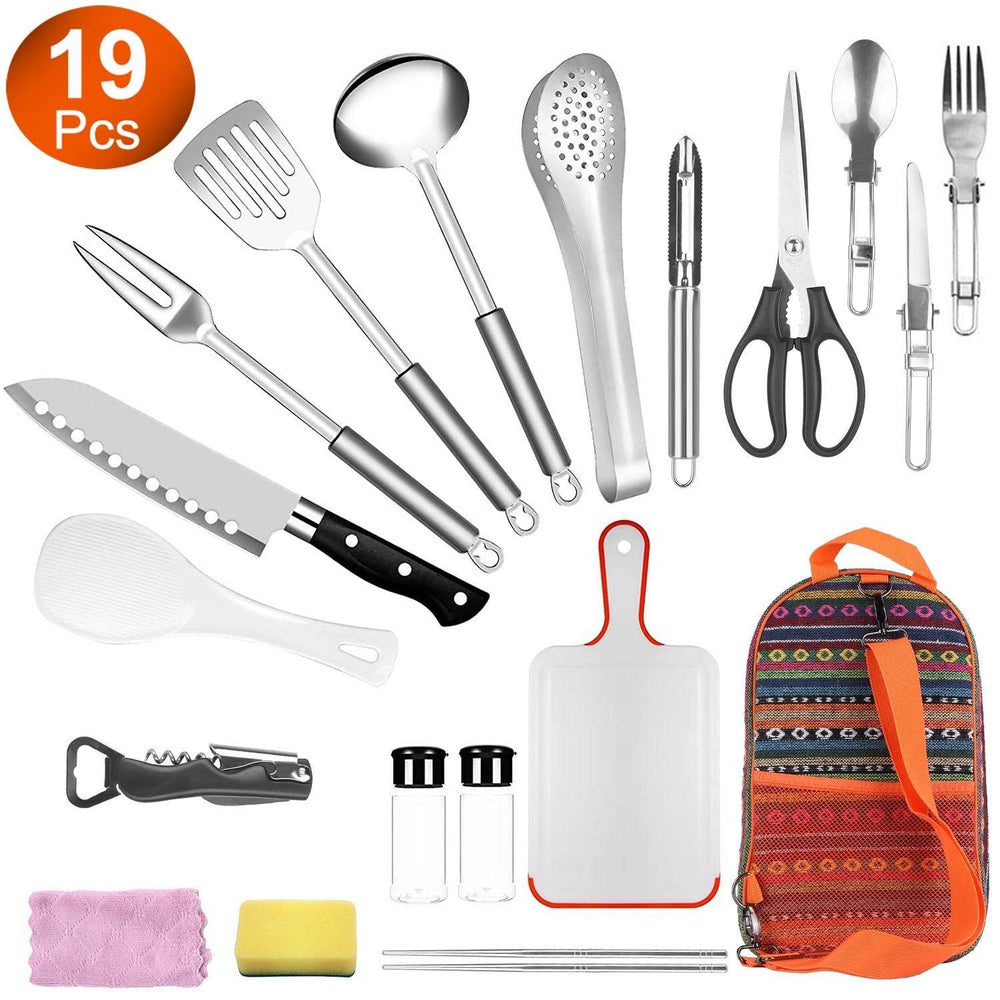 19Pcs Camping Cooking Utensil Kit Portable Picnic Cookware Outdoor Kitchen Equipment Gear Campfire Barbecue Appliances With Storage Bag - EX-STOCK Canada