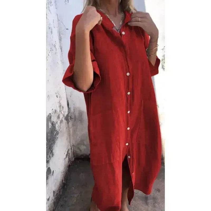 Women Loose Casual Half Sleeve Cotton Linen Buttoned down Shirt Dress - EX-STOCK Canada