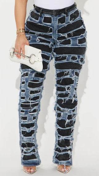 Ripped To Shreds Two Tone Straight Leg Jeans - Black Combo EX-STOCK Canada