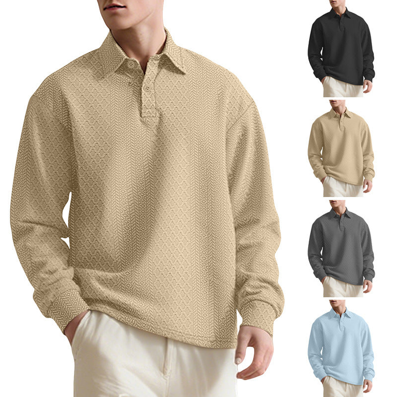 Texture Jacquard Solid Color Men's Long-sleeved Polo Shirt Lapel Loose Sweater EX-STOCK Canada