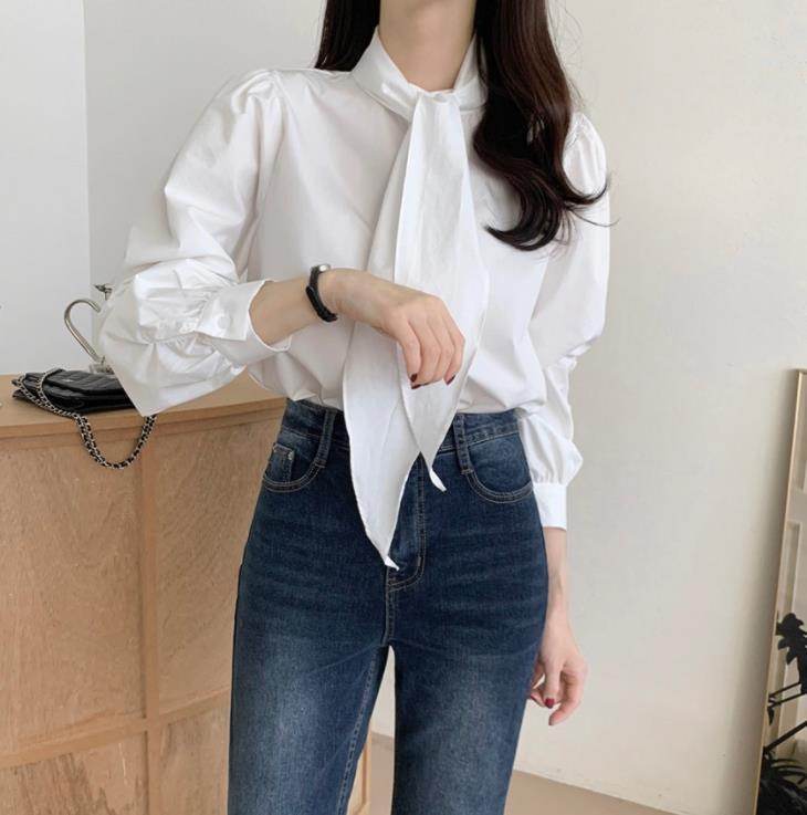 Spring New Gentle Lace-up Bow Tie Design Puff Sleeve Solid Color Shirt For Women - EX-STOCK Canada