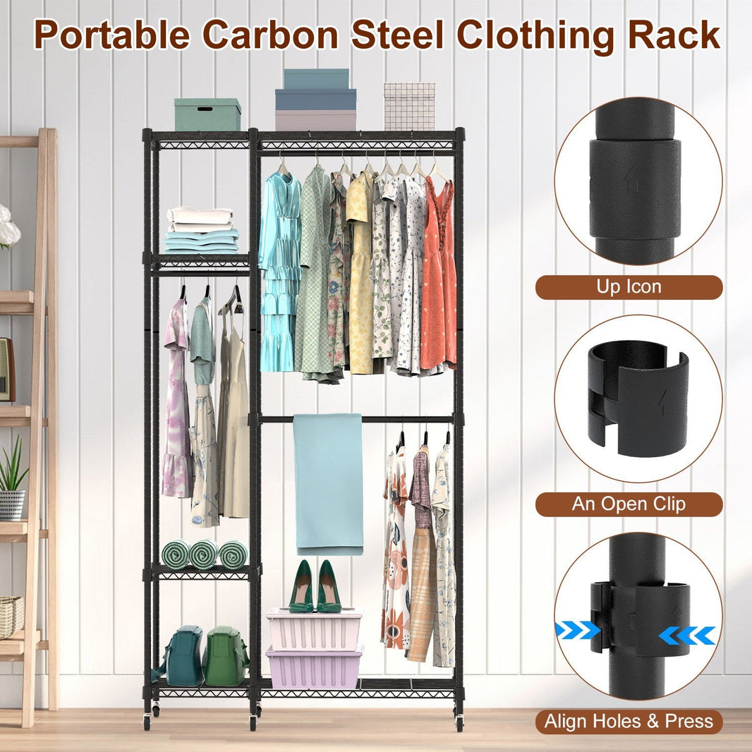 1Pc 4 Tier Heavy Duty Garment Rack With Wheels Carbon Steel Clothing Rack Portable Wardrobe Clothes Rack With 3 Hanging Rods 6 Footrests 44.9x17.13x77.95in EX-STOCK