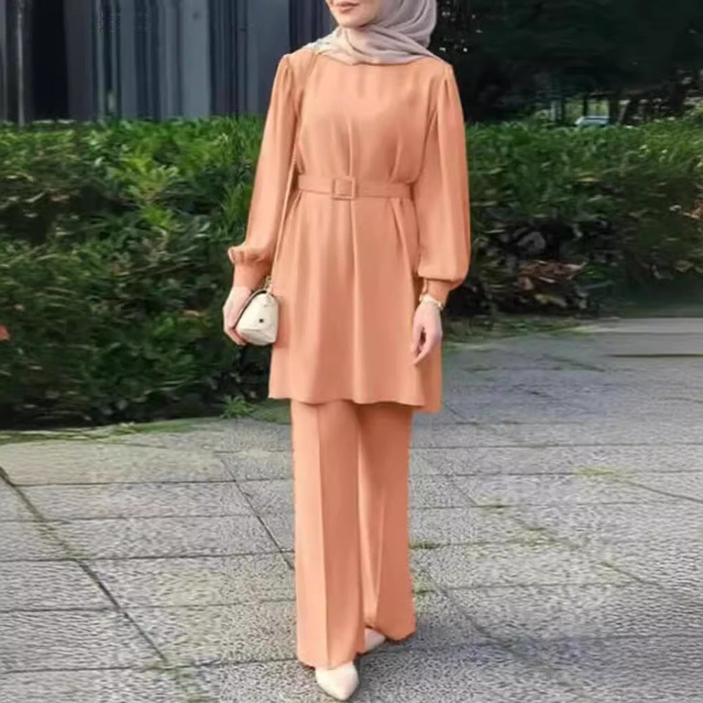 Ensemble haut et pantalon musulman du Moyen-Orient à manches longues, col rond, ceinture à taille élastique - EX-STOCK Canada