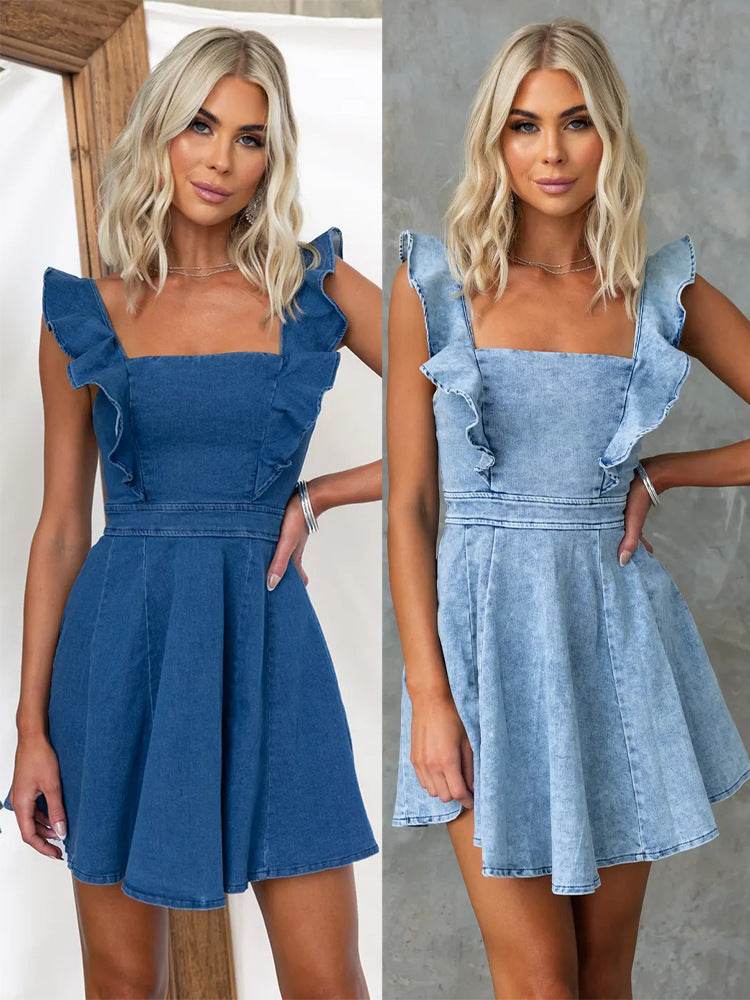 Women's Fashion Casual Denim Mini flared Dress - EX-STOCK Canada