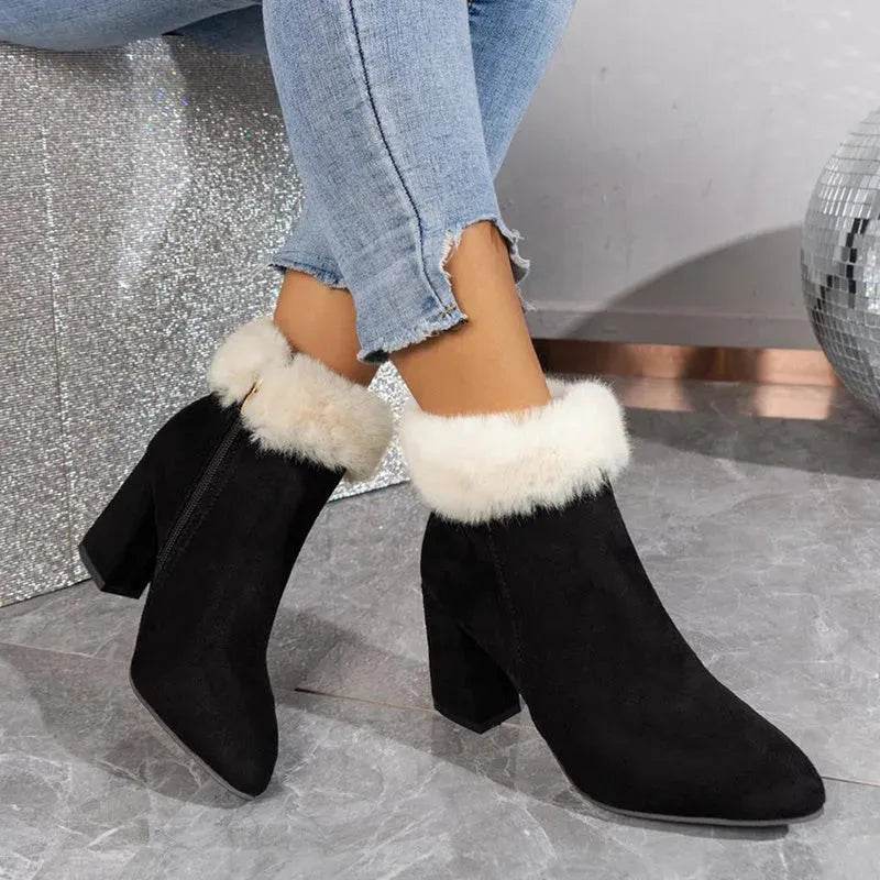 New Plaid Print Plush Ankle Boots Winter Fashion Square Heel Suede Boots Women Casual Versatile Shoes Autumn And Winter - EX-STOCK Canada