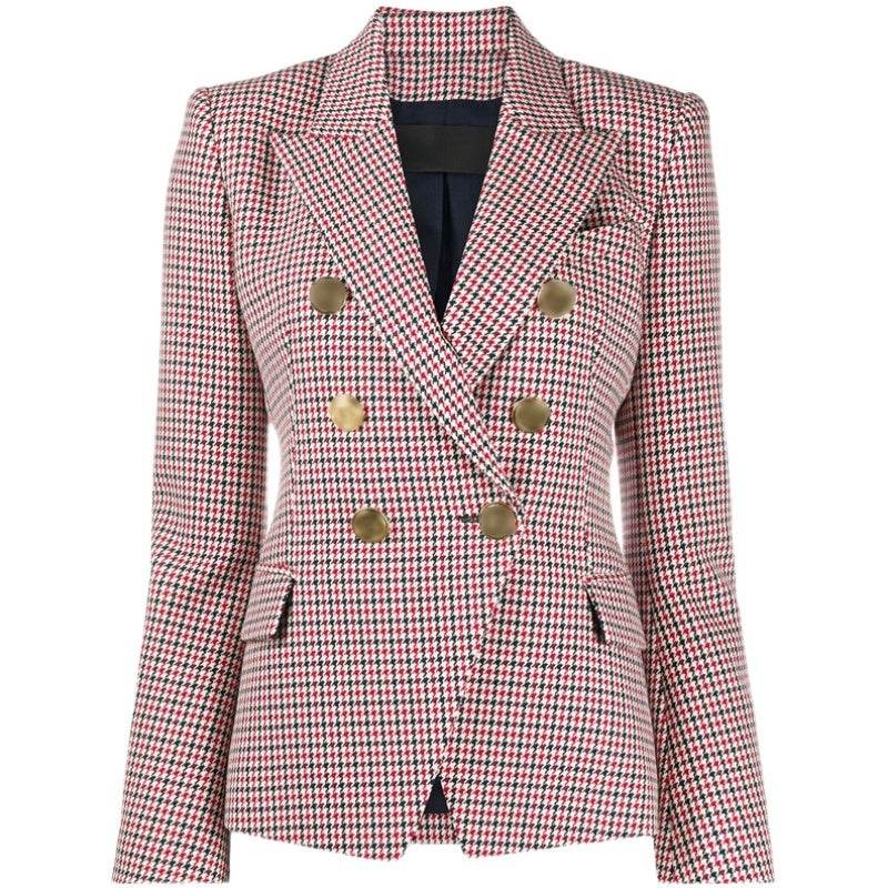 Houndstooth Small Jacket Women Long-Sleeved Double-Breasted Plaid Blazer - EX-STOCK Canada