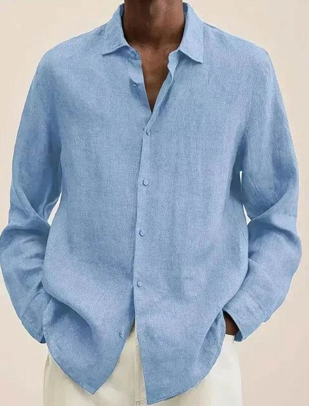 Casual Light Blue Plain Button down Long sleeve Cotton Linen Men shirt - EX-STOCK Canada