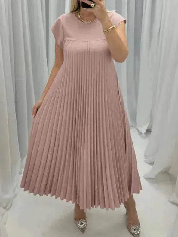 Women Summer Pleated Maxi Dress Casual Short Sleeve Crewneck Flowy Swing Long Dress with Pockets - EX-STOCK Canada
