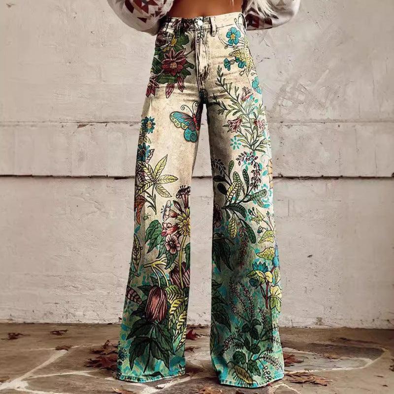 Thermal Transfer Bell-bottom Pants Simulation Denim Trousers Loose Pants
