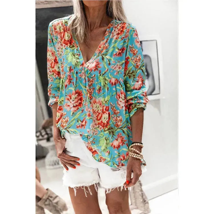 Women Casual Spring Summer New Style Blouse top Printing V-Neck Long-Sleeved - EX-STOCK CANADA