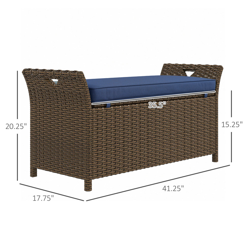 Banco de almacenamiento de mimbre para patio exterior, mueble de patio de ratán 2 en 1, caja de almacenamiento de 29 gal con cojín, azul oscuroEX-STOCK Canada