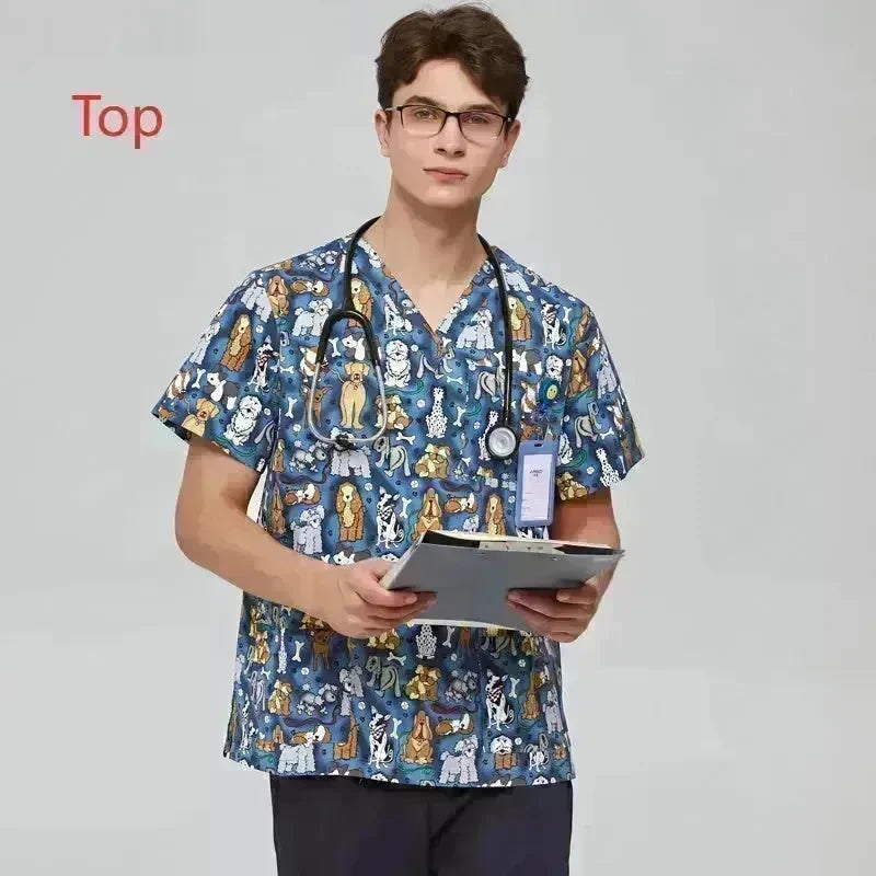Surgical Gown Printed V-neck Pet Doctor Beauty Hospital Work Clothes Flower Dog Blue EX-STOCK
