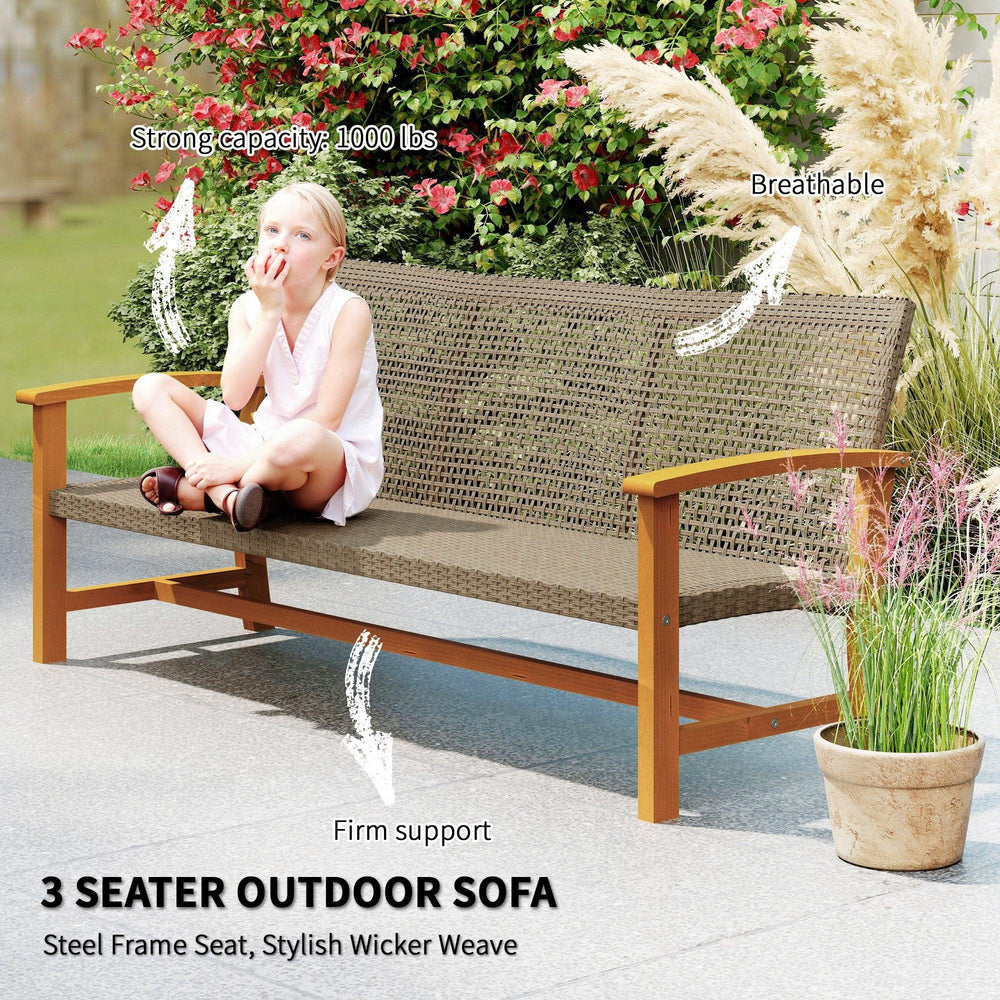 3-Seat Wicker Outdoor Couch Patio Sofa, Acacia Wood Patio Furniture With Steel Seat Armrests, Capacity, Teak EX-STOCK Canada