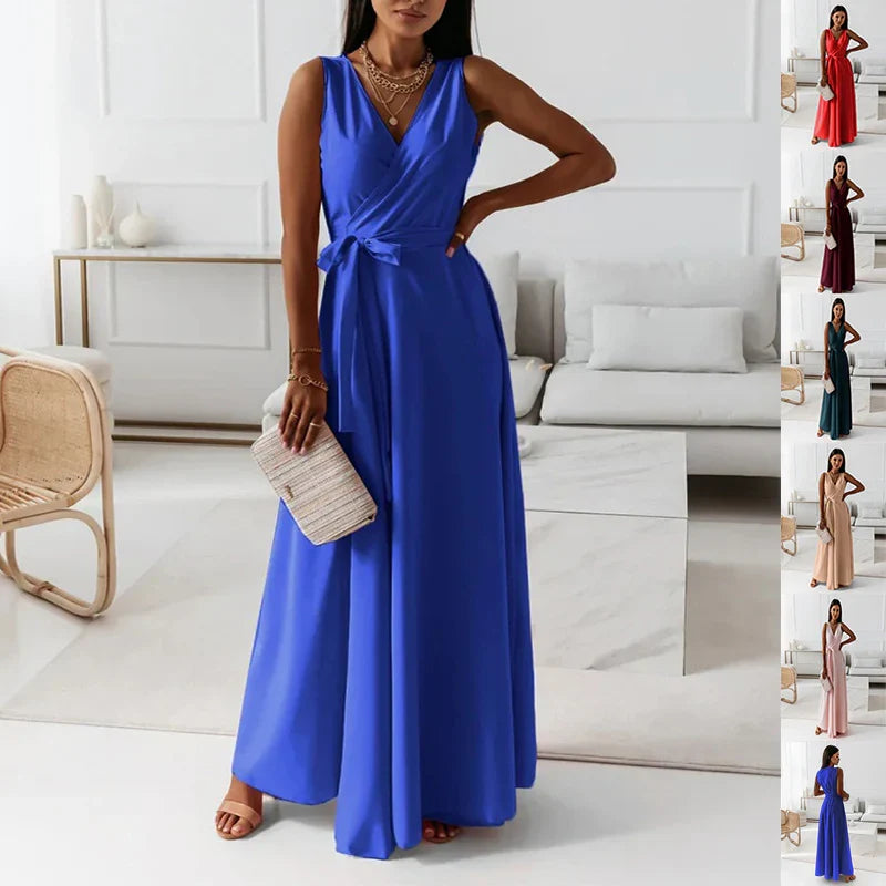 V-neck Sleeveless Dress With Belt Summer Fashion Party Club Evening Maxi Dresses For Women Clothing - EX-STOCK CANADA