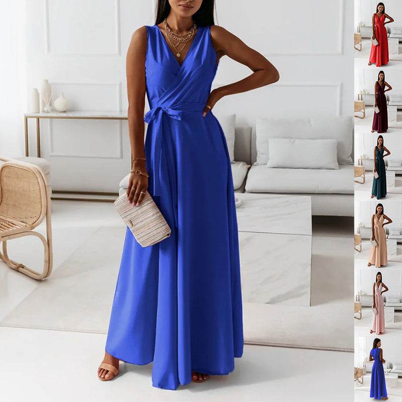 V-neck Sleeveless Dress With Belt Summer Fashion. - EX-STOCK Canada