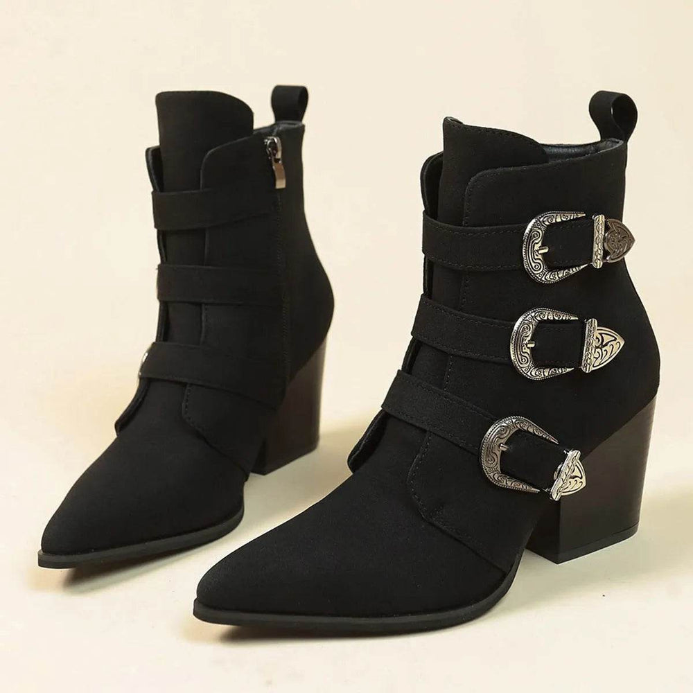 Chunky Heel Pointed Toe Boots With Belt Buckle Design Retro Mid-calf Boot Fashion Fall Winter Shoes For Women - EX-STOCK Canada