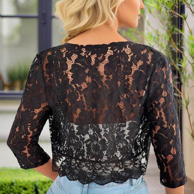 Women's Solid Color Cropped Lace Cardigan - Summer Fashion Medium-Long Sleeve Open Front Top - EX-STOCK Canada