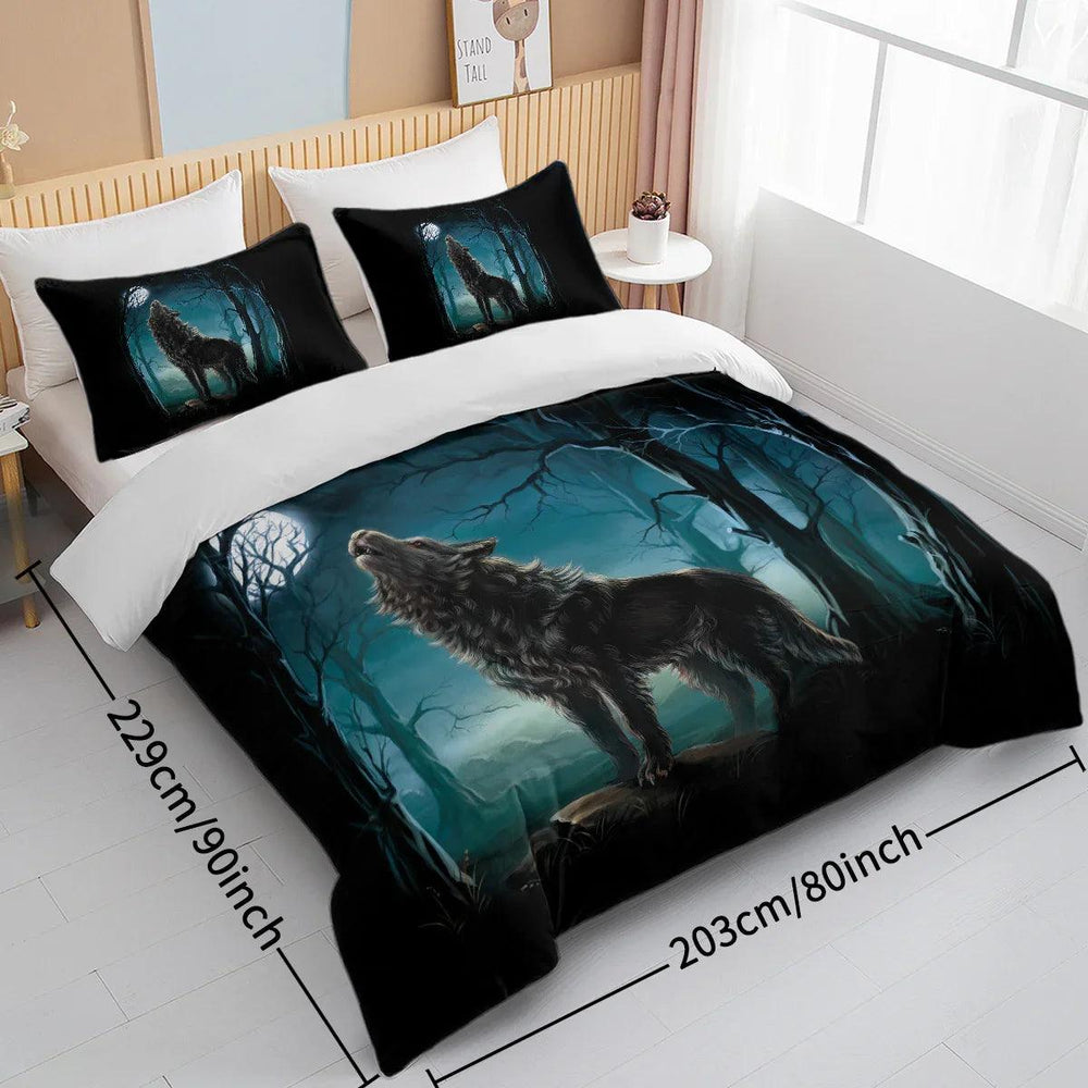 Linge de lit Moon Wolf Vert Aquarelle Forêt Paysage Loup Housse de Couette Ensemble 3 Pièces Ensemble de literie Animaux Sauvages Taille Simple Double Queen KingEX-STOCK Canada