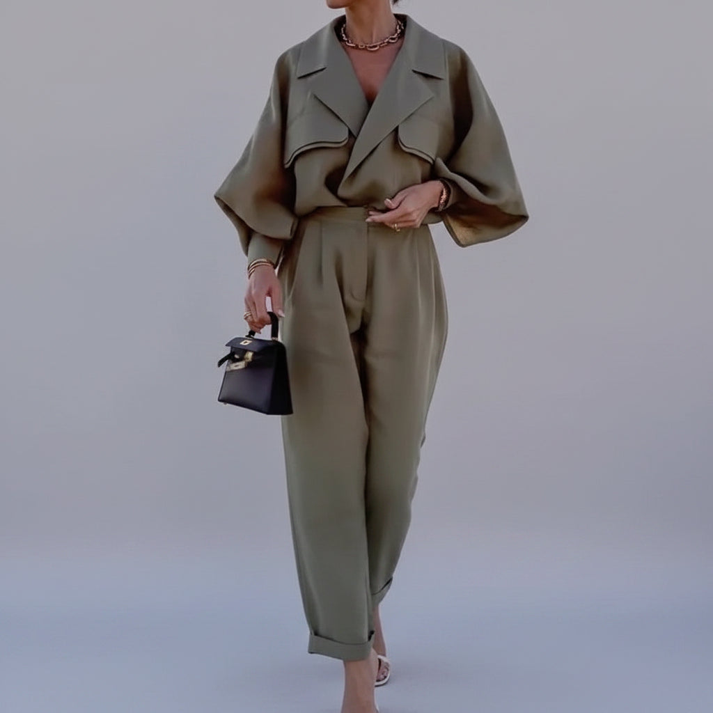 Women's relaxed draped two-piece pants set in neutral shade