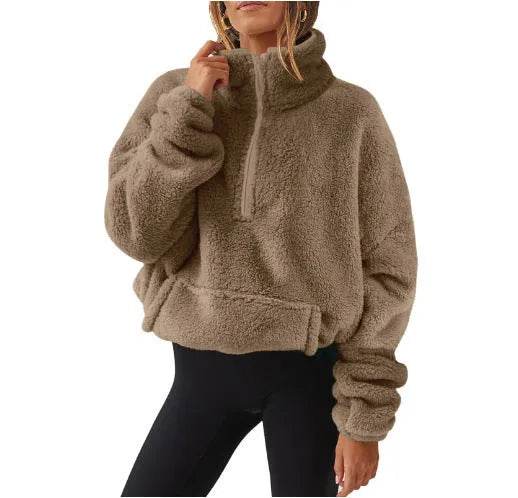 European And American Velvet Fleece-lined Women's Half Zipped Stand Collar Sweater - EX-STOCK Canada